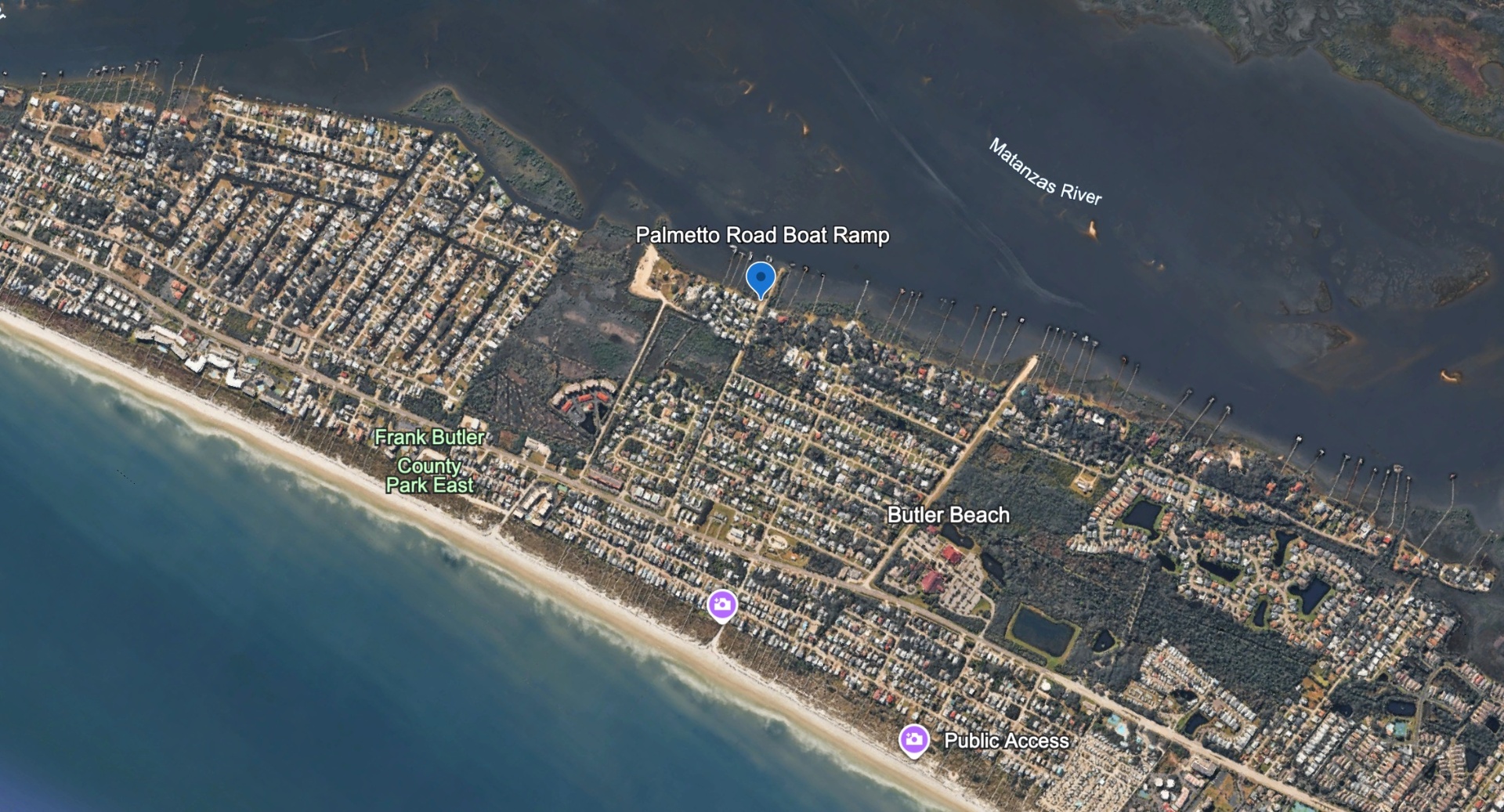 Aerial satellite view of Butler Beach and the Palmetto Road Boat Ramp on the Matanzas River in St. Augustine, Florida.