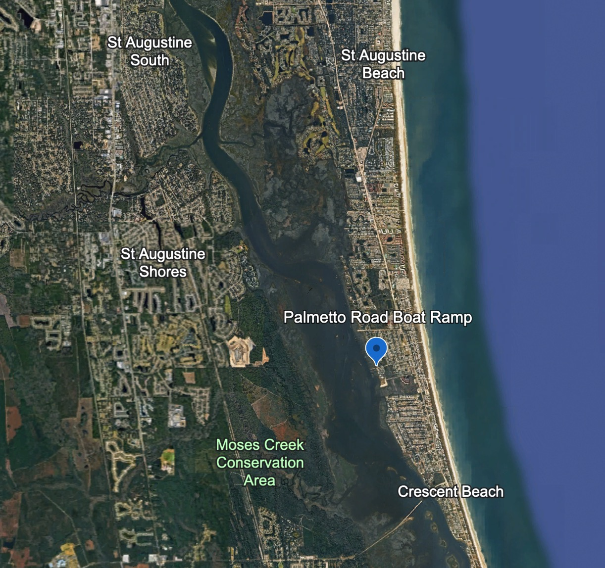 Satellite aerial of Palmetto Road Boat Ramp on the Matanzas River between St. Augustine Shores and Crescent Beach.