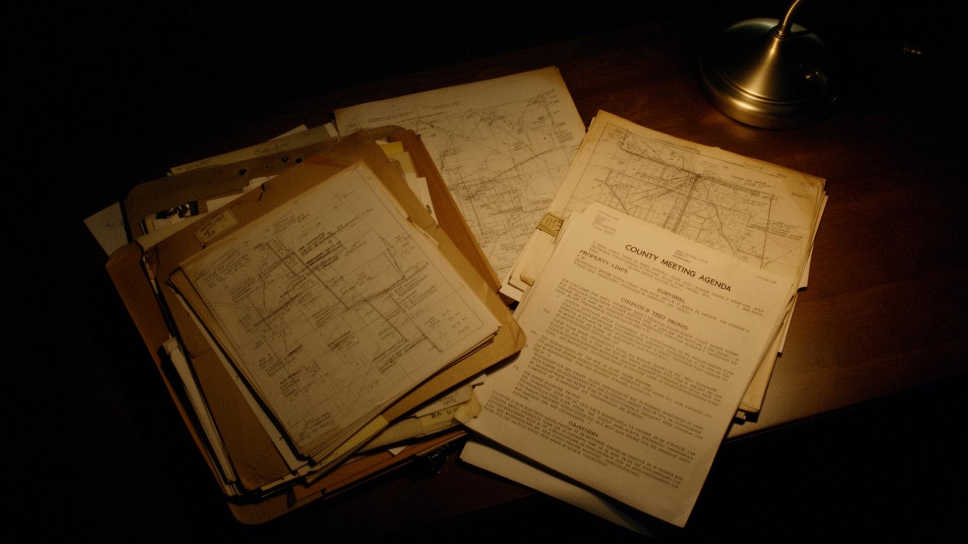 Aged manila folders and survey maps on a dark desk under a warm lamp.