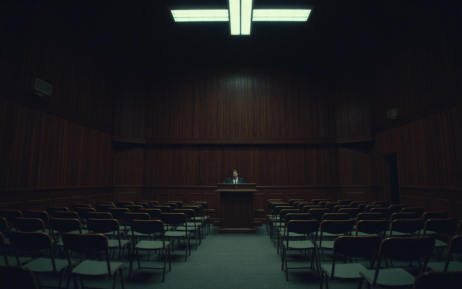 Empty county commission meeting room with single illuminated podium.